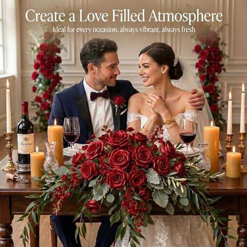 60 Pcs Red Velvet Artificial Roses Flowers Real Looking Silk Faux Roses Bulk Long Stems for Wedding Centerpieces,DIY Floral Arrangements,Home Decor,Anniversary,Valentine's Day
