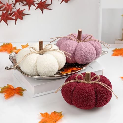 6" Fake Fall Pumpkin Decorations for Home, 3 Pcs Artificial Big Fabric Pumpkins Autumn Decor Faux Pumpkins for Decorating, Fall Table Centerpiece Baby Shower, Halloween Thanksgiving, Burgundy & Pink