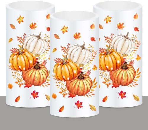 Whaline Fall LED Flameless Candles Orange Pumpkin Warm Light Battery Operated Pillar Candles Autumn Electric Flickering Candle for Thanksgiving Party Home Decor, Set of 3