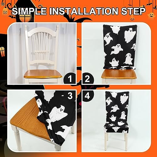 Preboun 8 Pcs 4 Styles Halloween Chair Cover Halloween Dining Chair Slipcover Spooky Chair Back Covers Stretchable Washable Chair Protective Covers for Dining Room Kitchen Office Hotel Seat Decor