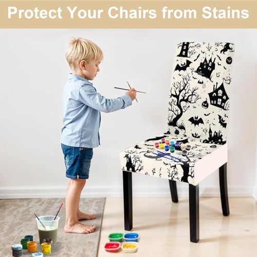 Halloween Chair Covers for Dining Room – Spooky Black and White Slipcovers with Haunted House, Bats, Pumpkins & Witches – Stretch Washable Chair Protectors for Party Decor, Trick or Treat
