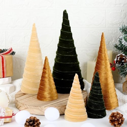 6 Pcs 12" 10" 6" Christmas Cone Tree Decorations Christmas Neutral Velvet Table Centerpieces Decor Flocked Farmhouse Tiered Tray Ornament Xmas Tree for Home Entryway Tabletop Centerpiece Decor