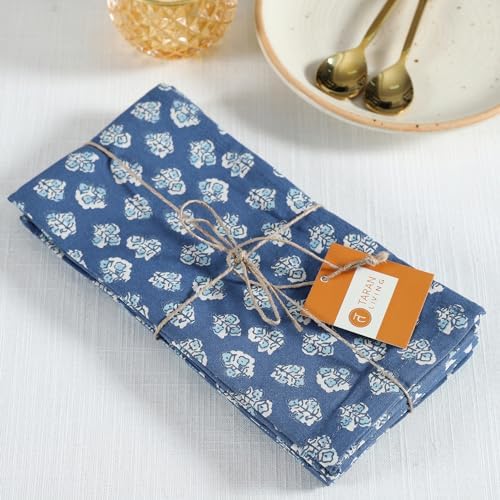 TARAN LIVING Cotton Cloth Napkins Natural Reusable Fall Dinner Napkins Reusable Machine Washable Fabric for Events, Gift, Home Decor - Indigo Blue (Pack of 4), 18x18 Inches