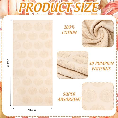 Whaline 3 Pcs Fall Hand Towel Beige Orange Brown 3D Pumpkin Jacquard Cotton Towel Absorbent Dish Towels for Autumn Harvest Thanksgiving Kitchen Bathroom, 13.8 x 29.5 Inch