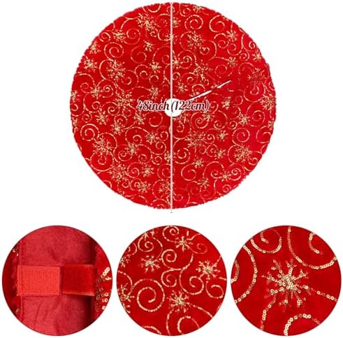 Christmas Tree Skirt Red 48 inch Gold Christmas Tree Skirt Snowflakes Faux Fur for Xmas Holiday Home Party