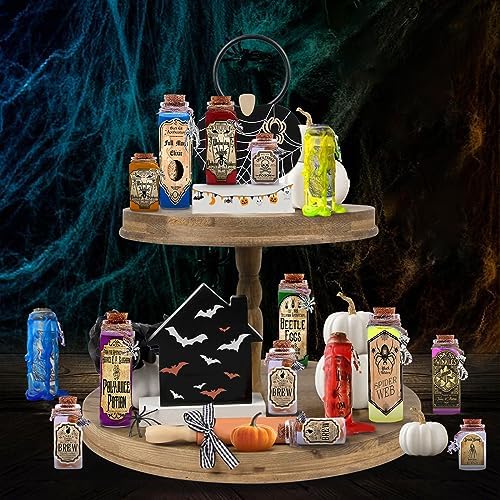 174 Pcs Apothecary Bottles with Cork, Indoor Witchcraft Supplies - Halloween Decorations with Labels, Pendants, Candles, Eye Screws, Twines for Tiered Tray Decor