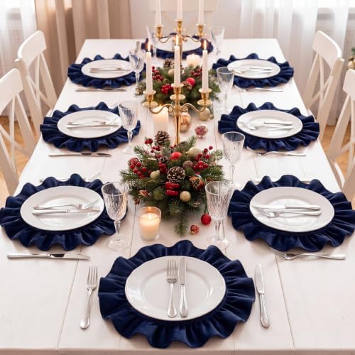 FoldTier 6 Pcs Christmas Navy Blue Velvet Placemat Round Ruffles Placemat