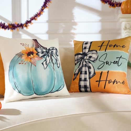 Hongsome Fall Decorations for Home-Throw Pillow Covers 18x18 in Set of 4,Pumpkin Linen Pillow Case for Thanksgiving Couch Autumn Holiday Outdoor Burnt Orange Blue White Decor