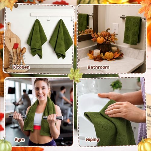 Mindsoft 2 Pcs Fall Hand Towels 3D Pumpkin Jacquard,Moss Green