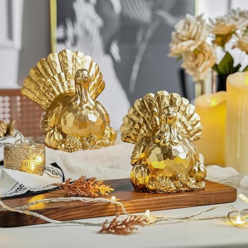 FESTGLOX Thanksgiving Turkey Decor, Gold Resin Turkey Figurine Table Decor