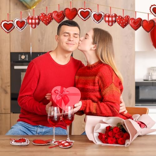 Breling 12 Pcs Valentines Red Felt Heart Ornaments, 3.75 in Hanging Decor