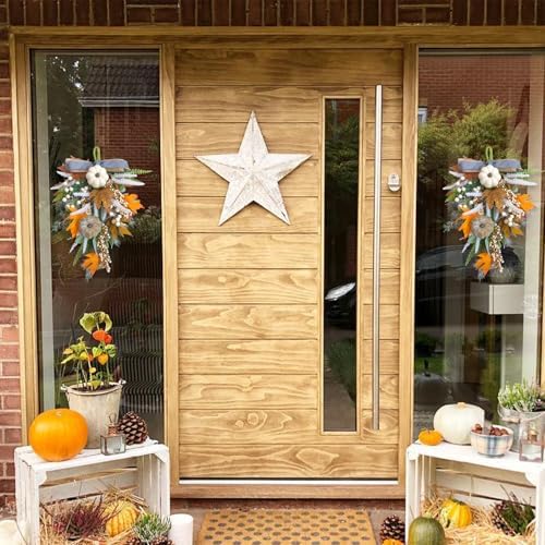 2PCS Fall Teardrop Swags 20inch Thanksgiving Wreath, Eucalyptus Berries Pumpkins Lamb Ears Leaves Autumn Wreaths for Front Door, Fall Decor, Porch Wall, Home Outdoor Holiday Decorations (C)