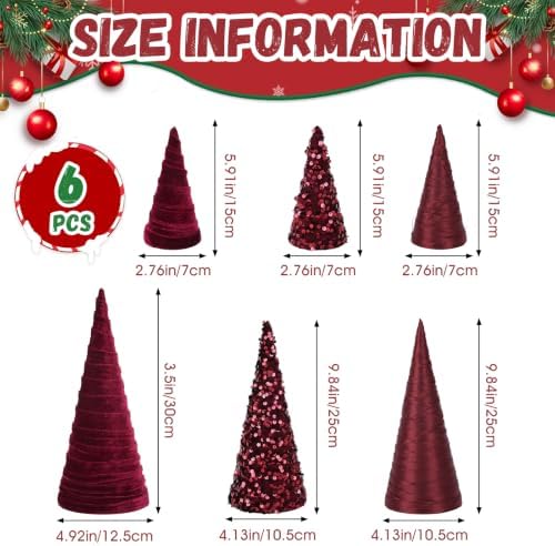 6 PCS 12" 10" 6" Burgundy Christmas Velvet Cone Tree Decorations Christmas Glitter Tree Farmhouse Tree Tiered Tray Ornament for Xmas Winter Home Holiday Rustic Fireplace Shelf Tabletop Tree Decor