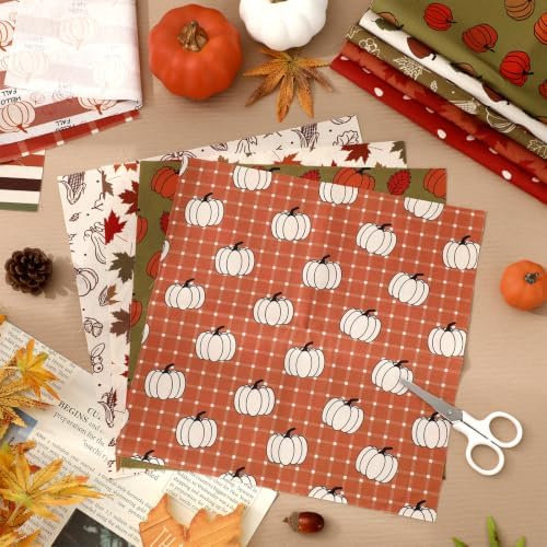 Whaline 12 Pcs Boho Fall Fabric Squares Cotton Fabric Bundles Green Brown Pumpkin Maple Leaf Plaid Sewing Fabrics for Autumn Thanksgiving DIY Handmade Craft Decor, 10 x 10 Inch