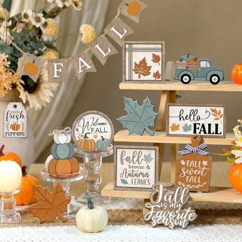 DoubleFill 21 Pcs Fall Tiered Tray Decoration Set Autumn Table Sign