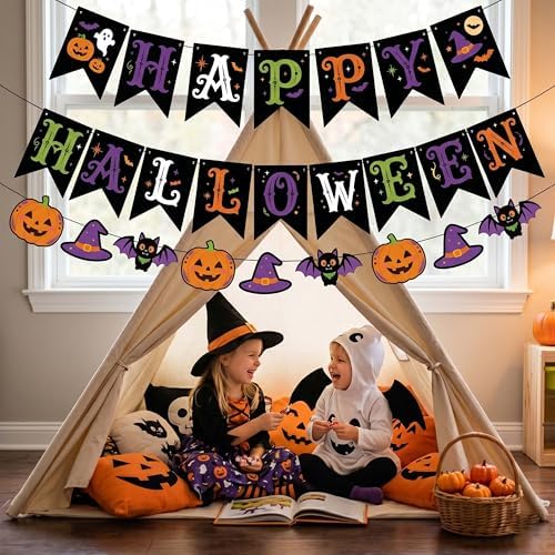 Halloween Banner Spooky Horror Bunting Garland Party Decorations for Indoor Fireplace Mantle Wall Home Decor