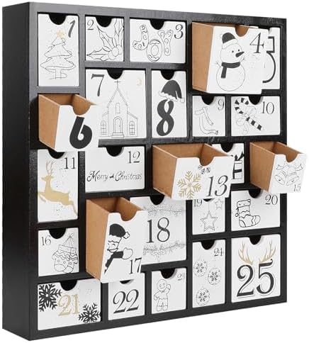 CCINEE Christmas Wooden Advent Calendar with 25 Large Drawers, Countdown to Christmas Decoration Large Size Xmas Countdown Calendar 2024 Hand Painted Refillable Advent for Holiday Decoration(Black)