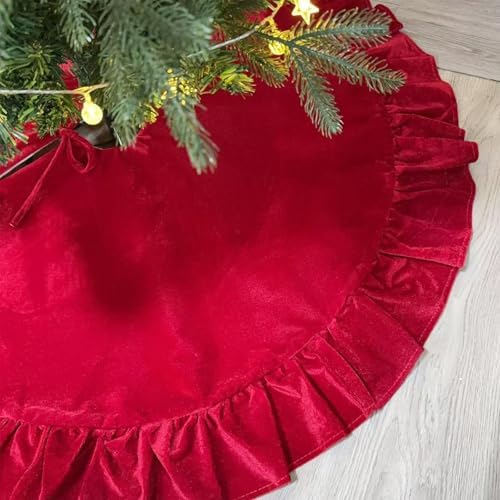 Velvet Christmas Tree Skirt Red 48 inch Ruffled Holiday Tree Skirt for Rustic Xmas Tree Decoration