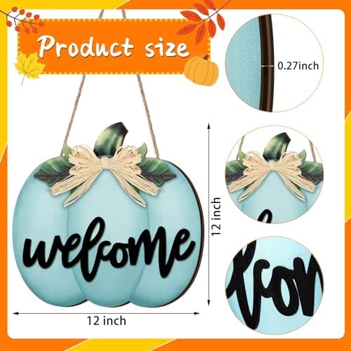 Jetec Fall Door Decor, Wooden Fall Pumpkin Welcome Sign Hanger, Dusty Blue