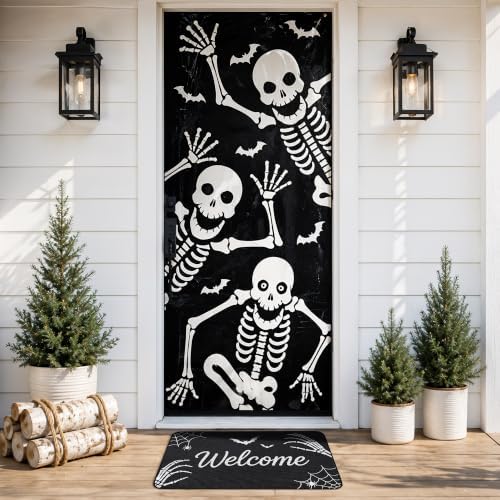 Halloween Skeleton Door Mat, Skull Front Welcome Rug, Spooky Outdoor Decor