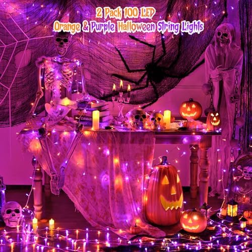 JMEXSUSS 2 Pack 100 LED Orange and Purple Halloween Lights Outdoor