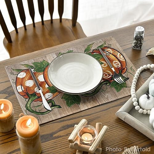 Artoid Mode Wood Polka Dot Pumpkins Fall Placemats Set of 6-12 x 18 Inch