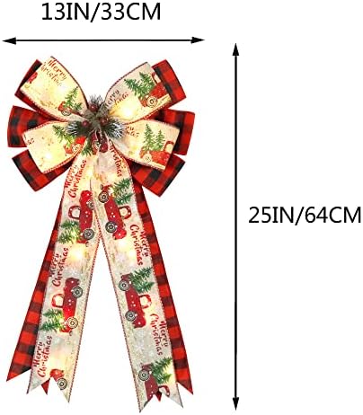 Christmas Tree Topper Bow with 30 LED Lights Decorations, 13”x25” Xmas Large Red Black Buffalo Plaid Rustic Farmhouse Wreath Bows with Truck Berries Pine Cones Pine Needles for Front Door Outdoor