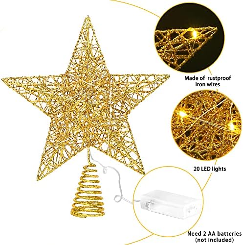 DULEFUN 11.8 Inch Christmas LED Gold Star Tree Topper with 20 LED Lights
