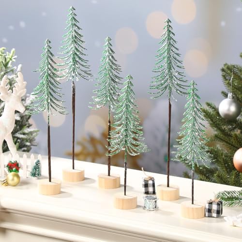 Jetec 6 Pcs Mini Christmas Tree Small Alpine Trees Tabletop Artificial Pine Christmas Tree with Wooden Base Snow Frost Village Bottle Brush Trees Holiday Season Decoration Centerpiece Displays(Green)