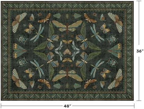 Washable 3x4 Rugs for Entryway, Small Area Rug for Large Kitchen, Mudroom, Dark Green and Black Insect Print, Non Slip