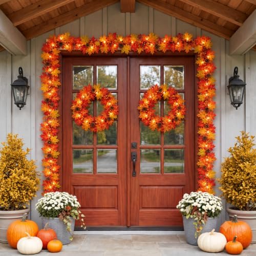 Fall Decorations for Home 9FT Lush Fall Garland with Lights Plug in, 50 Orange Bulbs Fuller and Thicker Fall Leaves