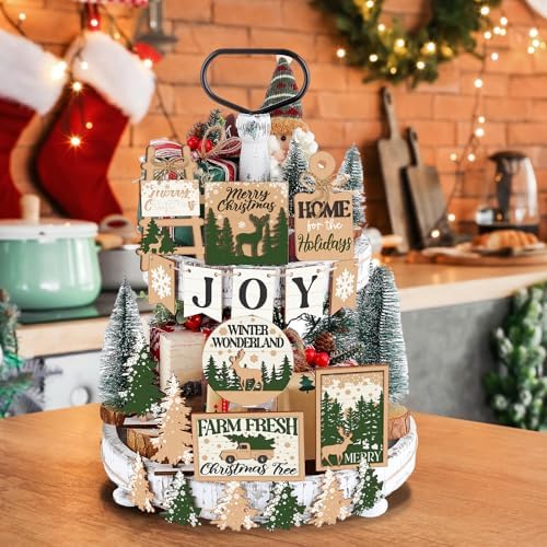 Funnymoom 17 Pcs Christmas Tiered Tray Decor Set Winter Tray Decorations