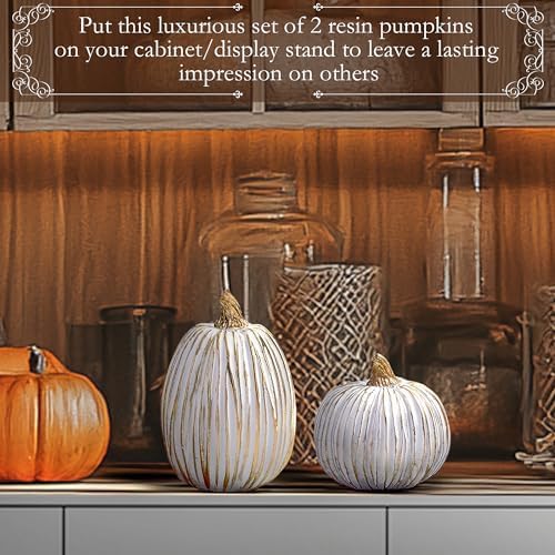 DN DECONATION White and Gold Fall Pumpkin Decoration for Table Centerpieces