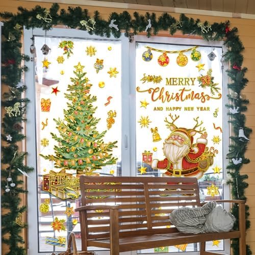 Christmas Tree Window Clings Santa Claus Ball Snowflake Window Stickers for Glass Window Christmas Decoration Reusable Double Sided Glass Decals for Home Xmas Party Supplies (Gold Xmax Tree)