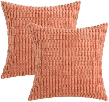 MIULEE Corduroy Decorative Throw Pillow Covers 16x16 Coral Pack of 2