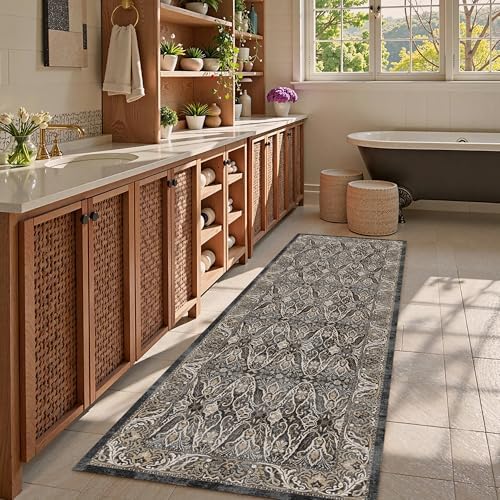 Washable Area Rug 2'6'' x 8' Vintage Traditional Persian Mat - Foldable Distressed Non-Slip Machine Washable Carpet for