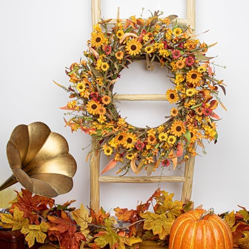 J'FLORU 28 Inch Artificial Fall Wreath Large Fall Wreaths for Front Door Autumn Wreath with Daisy and Lavender Berry Fall Leaves for Wall Fireplace Farmhouse Thanksgiving Day Harvest Festival Decor