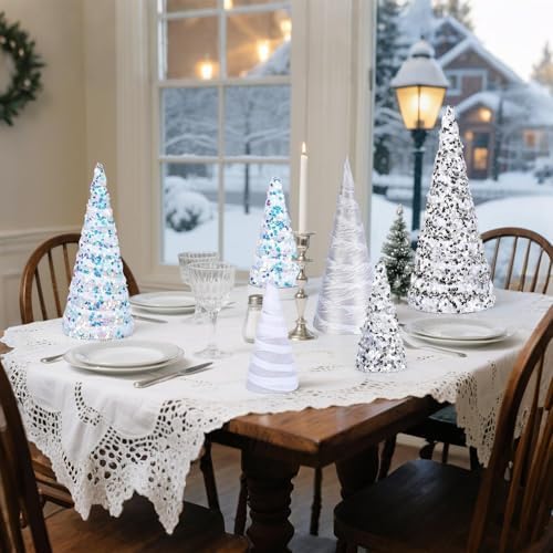 6 Pcs 12" 10" 6" Cone Christmas Tree Decorations Christmas Snow White Glitter Table Decor Farmhouse Trees Tiered Tray Ornament Xmas Tree for Home Holiday Entryway Tabletop Tree Centerpiece Decor