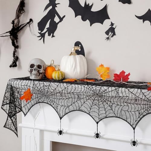 18 x 96 Inch Halloween Mantel Scarf Black Lace Spider Web Decor