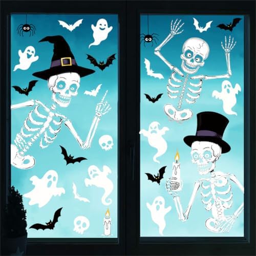 Halloween Skeleton Static Window Clings, Double Sided Ghost Bat Stickers for Party Decor