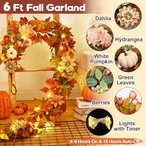 2 Pcs Fall Garland for Mantle, 6 FT Fall Garland with Lights