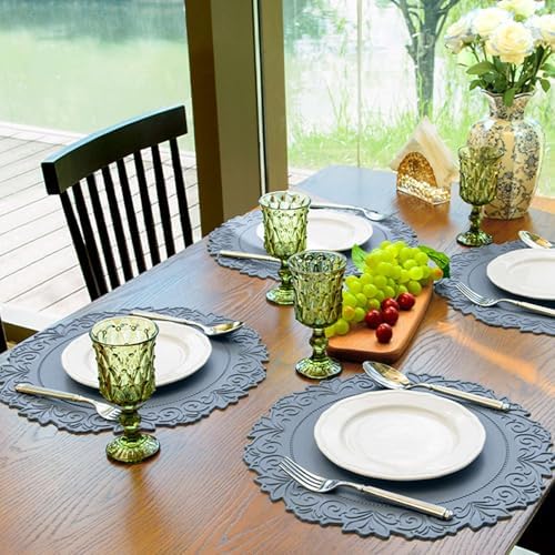 Round Faux Leather Placemats Set of 6, Dining Table Mats, Blue
