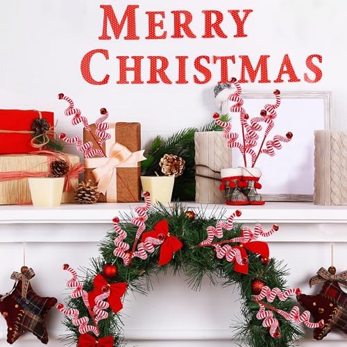 Sggvecsy 6 Pcs Christmas Tree Decoration Candy Cane Woolen Bells Candy Shape Christmas Tree Picks Christmas Bell Curly Picks Ornaments Xmas Tree Topper for Vase Filler Office Home Decor (Red)