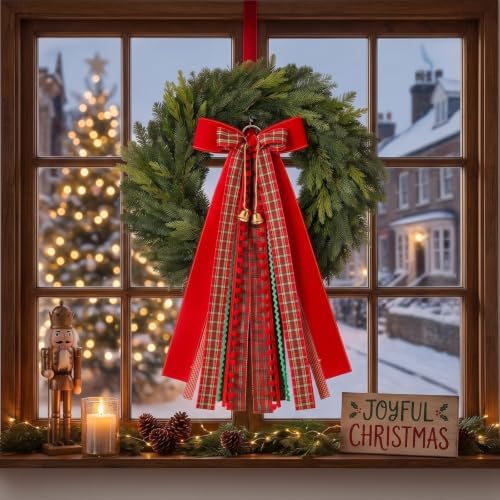 Riceshoot Wreath Ribbons for Front Door, Red Green Plaid Bow with Clip