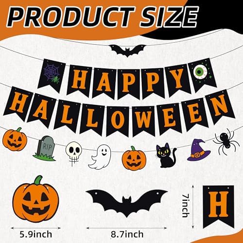 Happy Halloween Banner Garland – Black and Orange Hanging Decoration with Pumpkins, Ghost, Skull, Cat, Witch Hat, Bat, and Spider for Halloween Party, Classroom, Home, Wall, and Photo Booth Decor