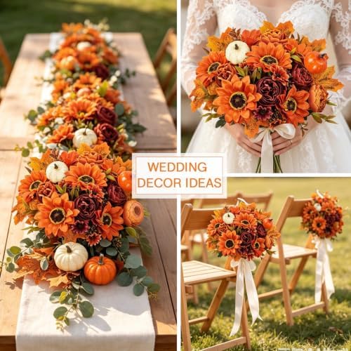 GTIDEA Fall Artificial Flowers, Fall Sunflowers Arrangements with Pumpkin