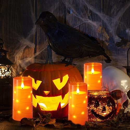 NURADA 3"x6"Flickering Flameless Candles: Built-in Star String Lights 3D Wick Battery Operated LED Pillar Candles with Remote and Timer for Halloween Thanksgiving Dinner Tables Home Fall Decor Orange
