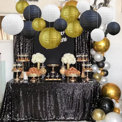 BEISHIDA Black Gold Paper Lanterns 16Pcs 6/8/10 Inch Round Chinese Lamp