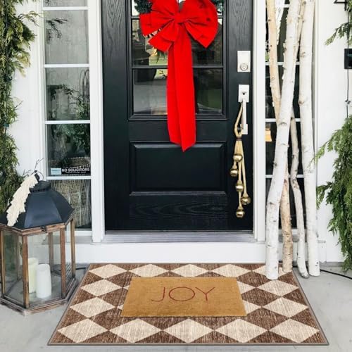 Front Door Rug - 2x3 Brown Beige Checkered Diamond Entry Rug