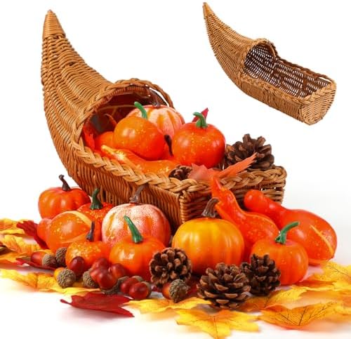 100 Pcs Fall Cornucopia Basket Set with Pumpkins Acorns Leaves